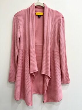 St.John pink flyaway cardigan open front waterfall long line wool blend ribbed S